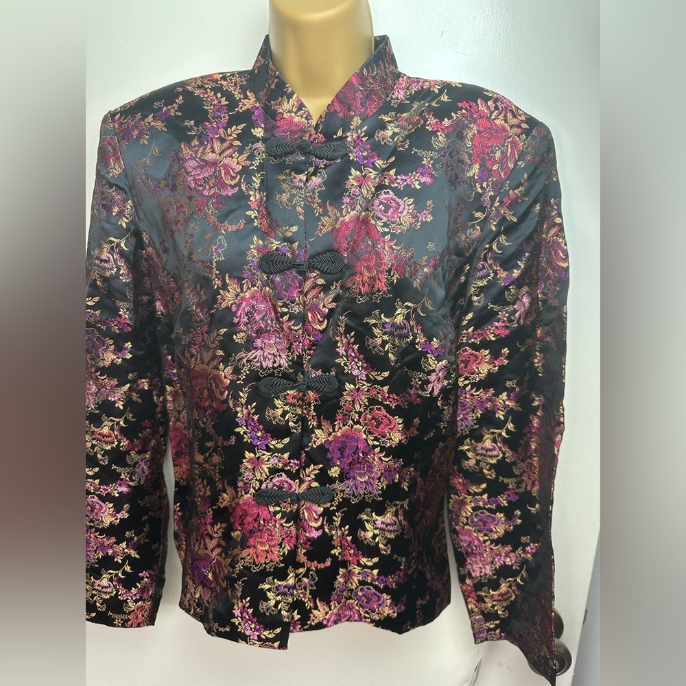 Dress Barn Black Purple Satin Nylon Rayon VintageY2K Asian Inspired Blazer NWT L
